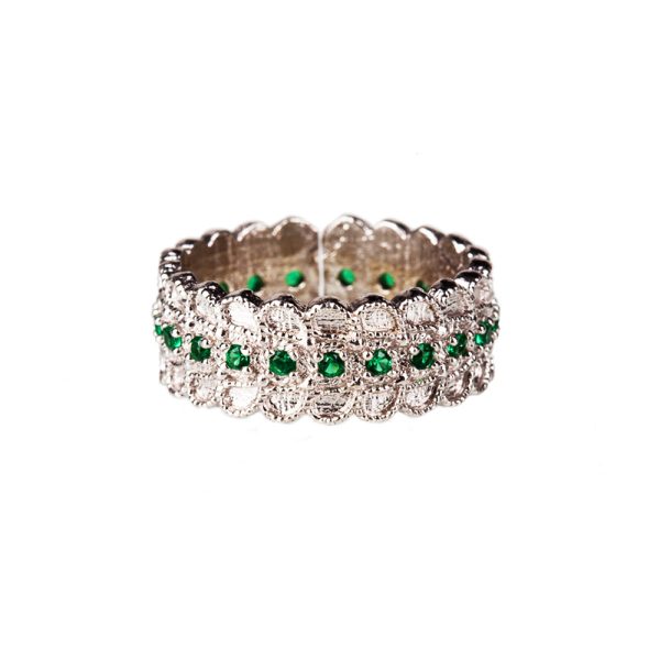 Strieborný prsteň široký so zelenými zirkónami